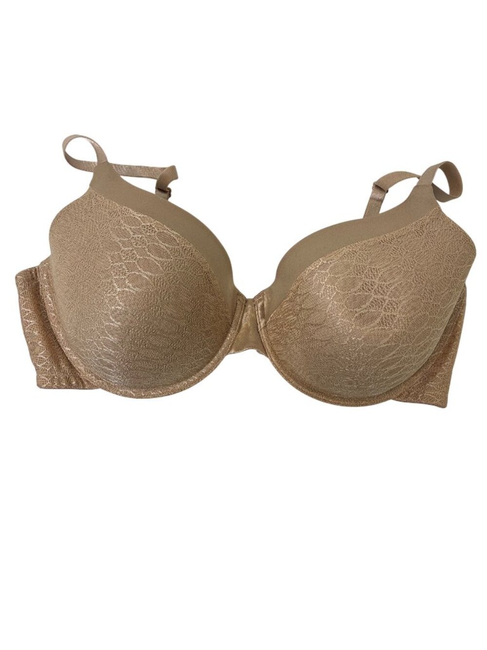 Maidenform Sweet Nothings 42D Underwire Bra Lined Lace Tan Nude Satin Trim EUC